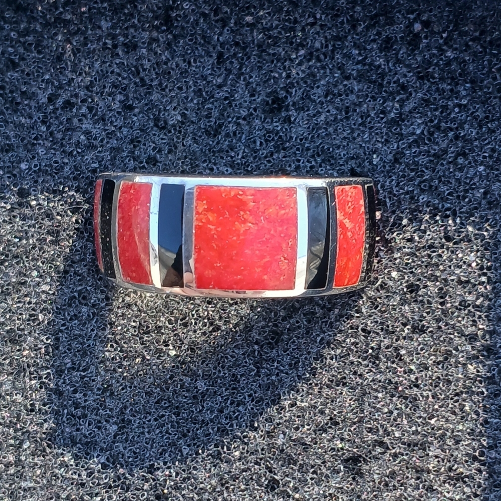 Silver With Onyx And Red Coral Inlay